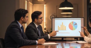 Indian investors discussing global investment portfolio with financial advisor