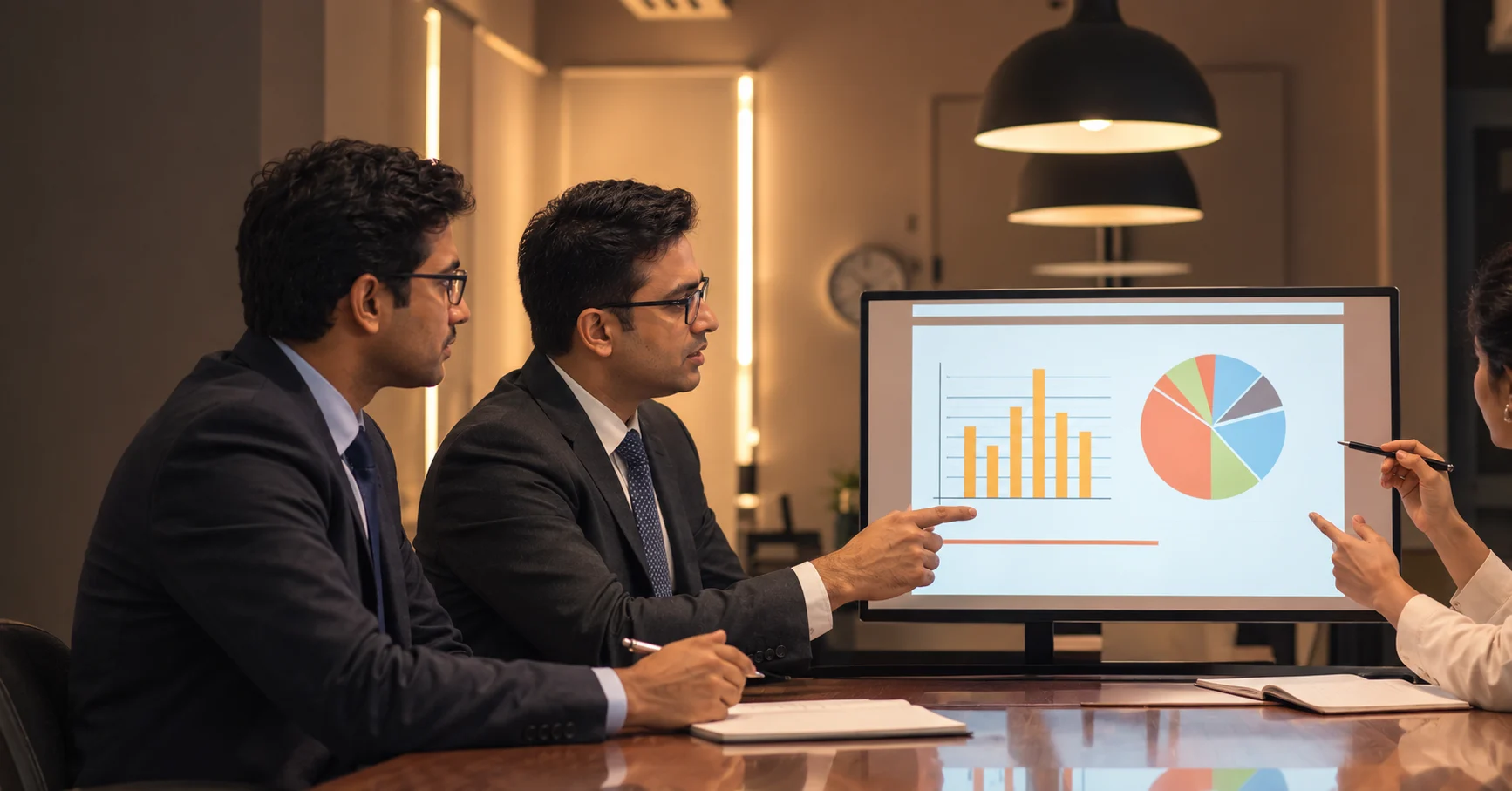 Indian investors discussing global investment portfolio with financial advisor